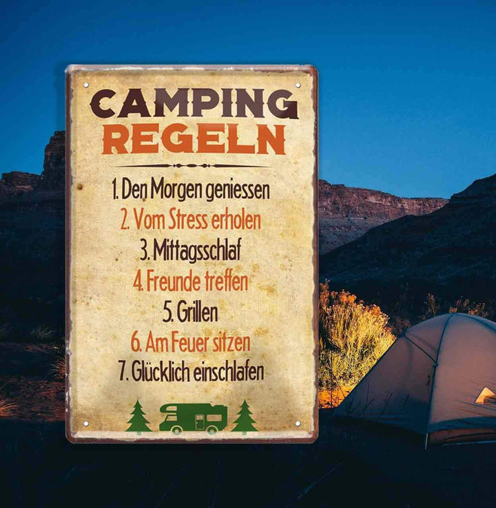 zelten lustige sprüche Blechschilder Lustiger Spruch “Camping Regeln“ Deko Schild Geschenkidee für Camping Fans 20x30 cm