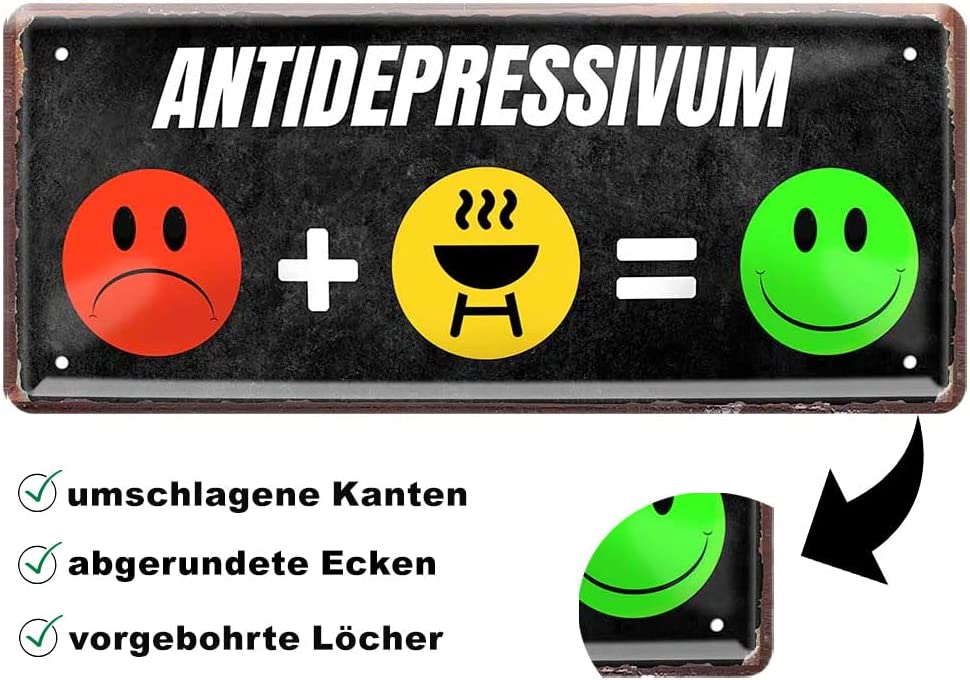 Lustiges Blechschild "ANTIDEPRESSIVUM" - Dekorativer Spruch mit bunter Symbolik auf schwarzem Hintergrund, mit vorgebohrten Löchern zur Wandbefestigung. Ideal als humorvolle Geschenkidee für Ihr Zuhause oder Büro.