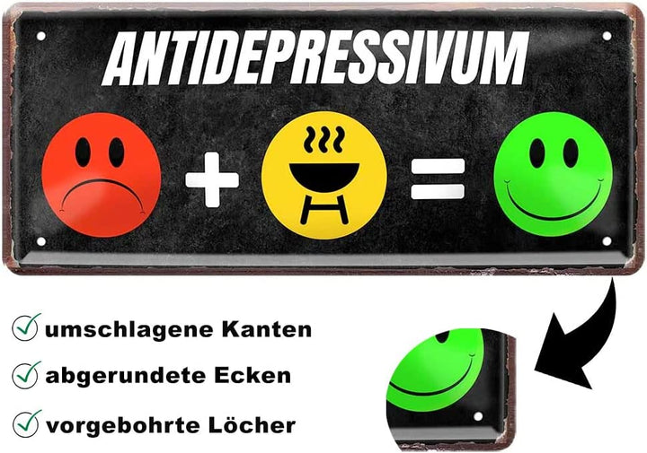 Lustiges Blechschild "ANTIDEPRESSIVUM" - Dekorativer Spruch mit bunter Symbolik auf schwarzem Hintergrund, mit vorgebohrten Löchern zur Wandbefestigung. Ideal als humorvolle Geschenkidee für Ihr Zuhause oder Büro.