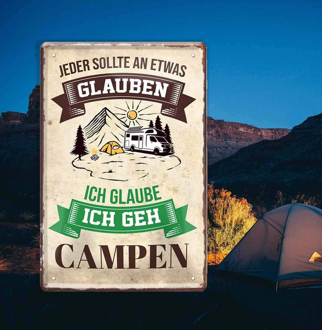 zelten sprüche lustig Blechschilder Lustiger Spruch “Jeder glauben Campen“ Deko Schild Geschenkidee für Camping Fans 20x30 cm