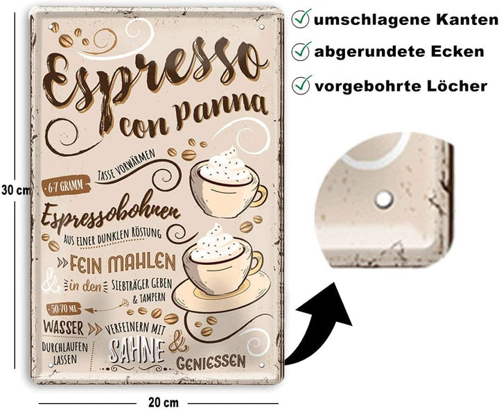 Blechschild Lustiger Kaffee Spruch "Espresso Con Panna“ Geschenkidee Deko
