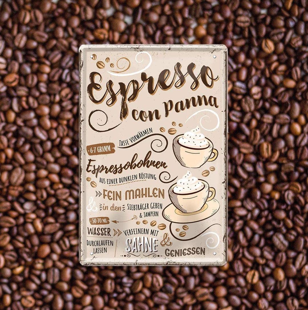 Blechschild Lustiger Kaffee Spruch "Espresso Con Panna“ Geschenkidee Deko