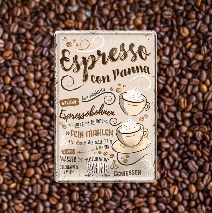 Blechschild Lustiger Kaffee Spruch "Espresso Con Panna“ Geschenkidee Deko