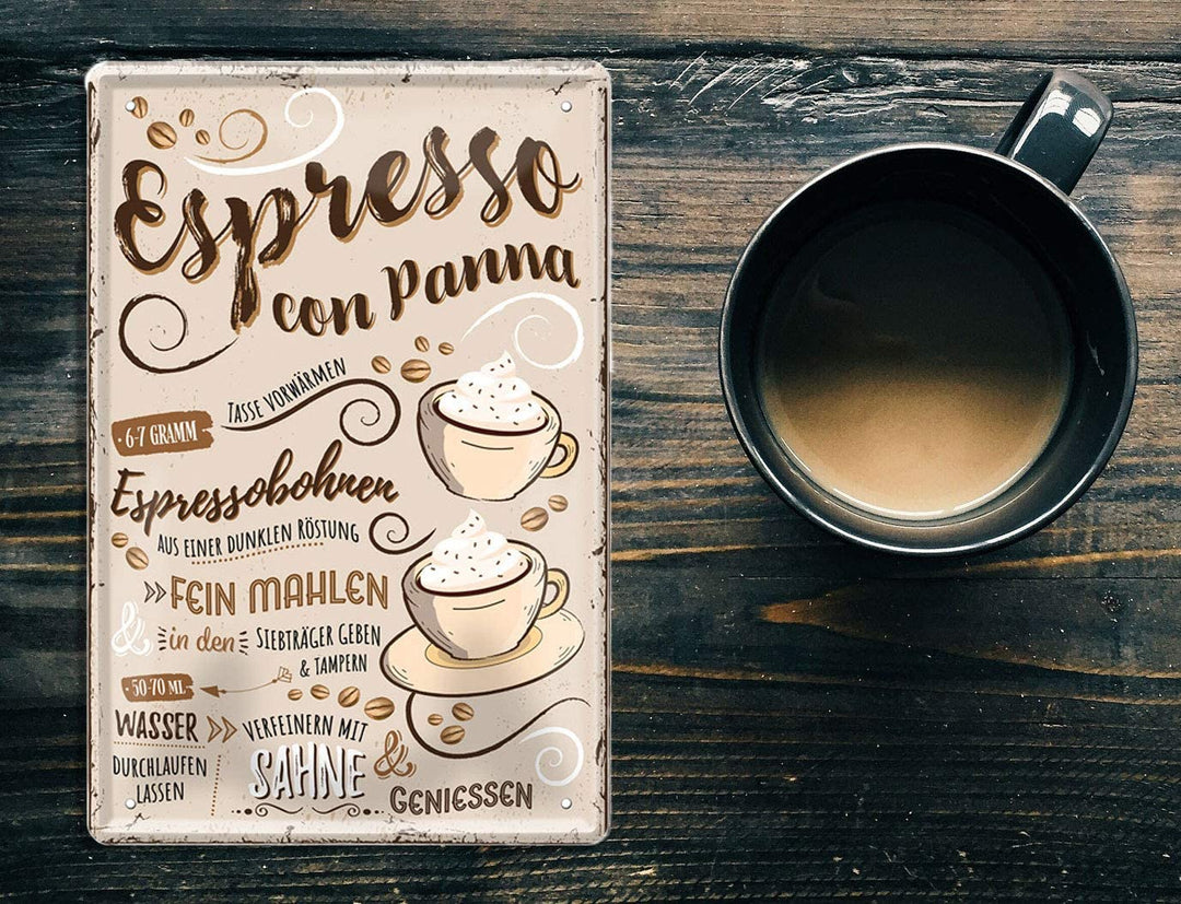 Blechschild Lustiger Kaffee Spruch "Espresso Con Panna“ Geschenkidee Deko
