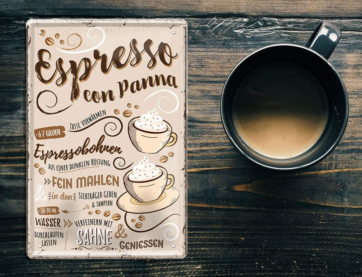 Blechschild Lustiger Kaffee Spruch "Espresso Con Panna“ Geschenkidee Deko